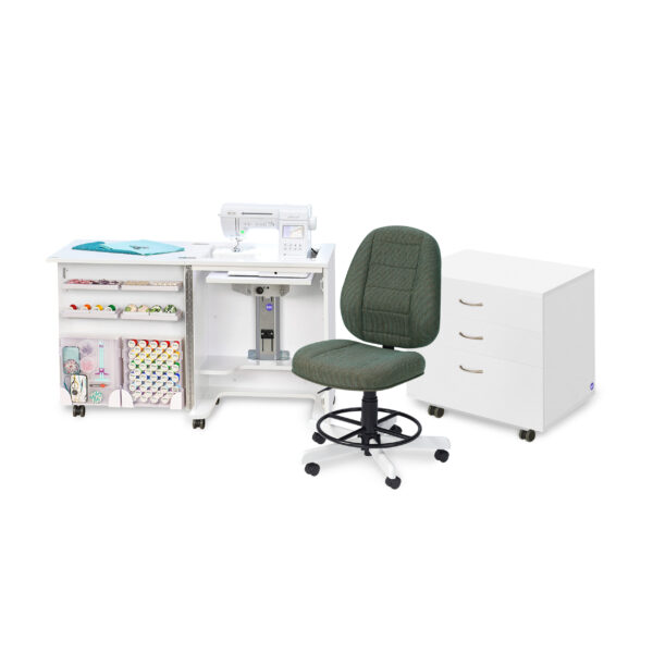 Compact Sewing Cabinet and Rolling Storage Caddy Studio Set in White from Tailormade Sewing Furniture with Jade SewComfort Sewing Chair from Koala - available at Sewing Center. Now with hassle-free home delivery.