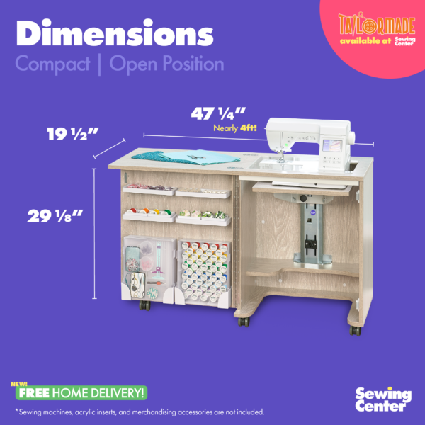 Compact Sewing Cabinet's open position dimensions from Tailormade Sewing Furniture - available at Sewing Center. Sew your BEST life with Compact - and enjoy flat bed sewing, snag-free hinges, and in-door notion storage. Now with hassle-free home delivery.