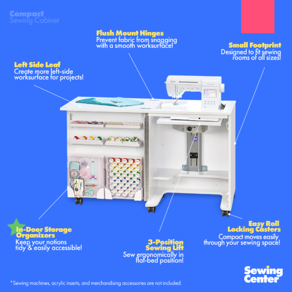 Compact Sewing Cabinet's feature list from Tailormade Sewing Furniture - available at Sewing Center. Sew your BEST life with Compact - and enjoy flat bed sewing, snag-free hinges, and in-door notion storage. Now with hassle-free home delivery.