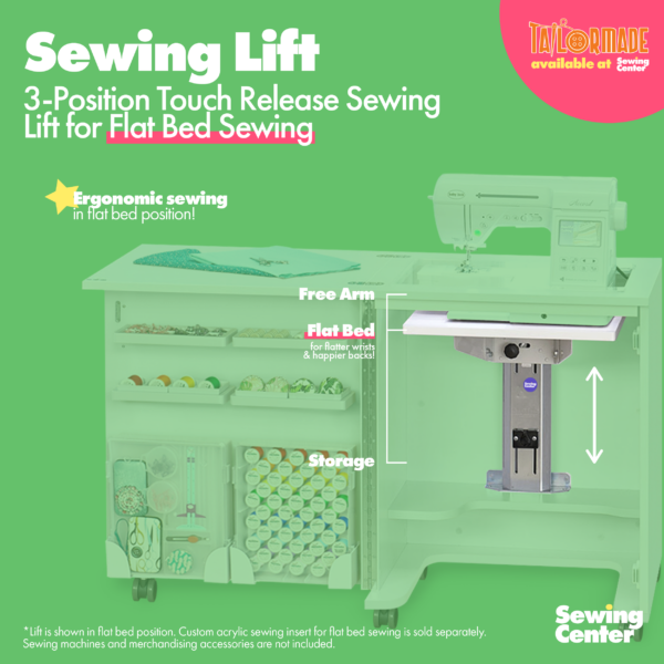 Compact Sewing Cabinet's sewing lift diagram from Tailormade Sewing Furniture - available at Sewing Center. Quilter's Vision Sewing Cabinet features a hydraulic sewing lift for free arm, flat bed, and storage position. Now with hassle-free home delivery. Also known as the QV Sewing Cabinet.