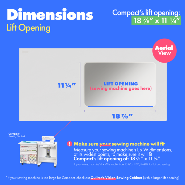 Compact Sewing Cabinet's lift opening dimensions from Tailormade Sewing Furniture - available at Sewing Center. Sew your BEST life with Compact - and enjoy flat bed sewing, snag-free hinges, and in-door notion storage. Now with hassle-free home delivery.