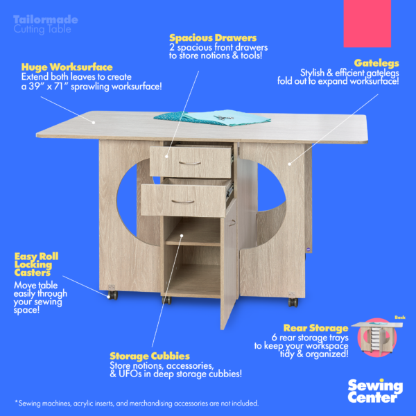 Cutting Table's feature list from Tailormade Sewing Furniture- available at Sewing Center. Cutting Table features an expansive cutting worksurface, front and back storage, and efficient gatelegs. Now with hassle-free home delivery.