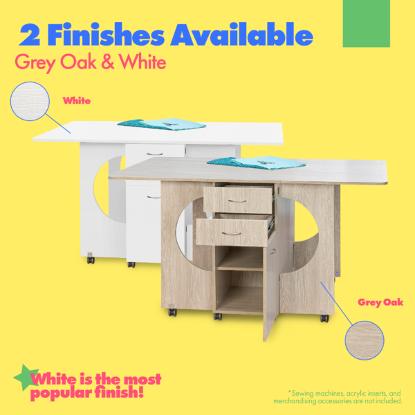 Cutting Table's finish options from Tailormade Sewing Furniture- available at Sewing Center. Cutting Table features an expansive cutting worksurface, front and back storage, and efficient gatelegs. Now with hassle-free home delivery.