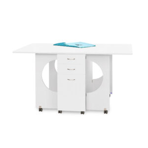 Cutting Table in White from Tailormade Sewing Furniture shown in open position - available at Sewing Center. Cutting Table features an expansive cutting worksurface, front and back storage, and efficient gatelegs. Now with hassle-free home delivery.