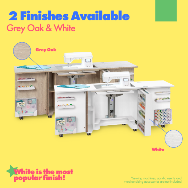 Duo Sewing Cabinet's finish options from Tailormade Sewing Furniture - available at Sewing Center. Sew your BEST life with Duo - and enjoy flat bed sewing, a glide-out thread closet, and in-door notion storage. Now with hassle-free home delivery.