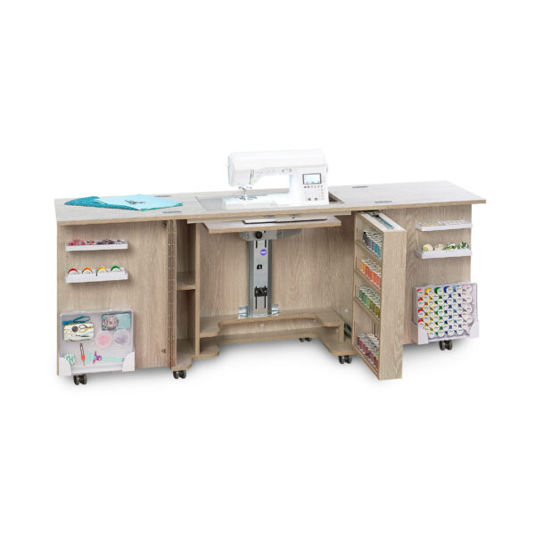 Duo Sewing Cabinet in Grey Oak from Tailormade Sewing Furniture - available at Sewing Center. Duo features flat bed sewing, a glide-out thread closet, and in-door notion storage. Now with hassle-free home delivery.