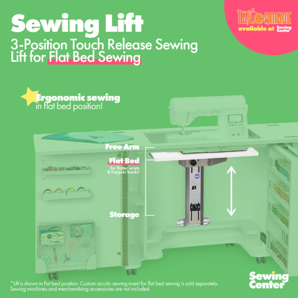 Duo Sewing Cabinet's sewing lift diagram from Tailormade Sewing Furniture - available at Sewing Center. Duo features flat bed sewing, a glide-out thread closet, and in-door notion storage. Now with hassle-free home delivery.