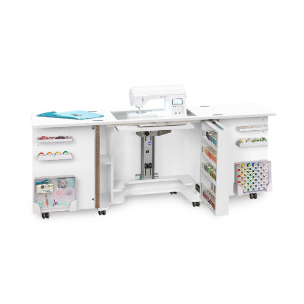 Duo Sewing Cabinet in White from Tailormade Sewing Furniture - available at Sewing Center. Duo features flat bed sewing, a glide-out thread closet, and in-door notion storage. Now with hassle-free home delivery.