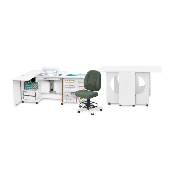 Eclipse Sewing Cabinet and Cutting Table Studio Set in White from Tailormade Sewing Furniture with Jade SewComfort Sewing Chair from Koala - available at Sewing Center. Now with hassle-free home delivery!