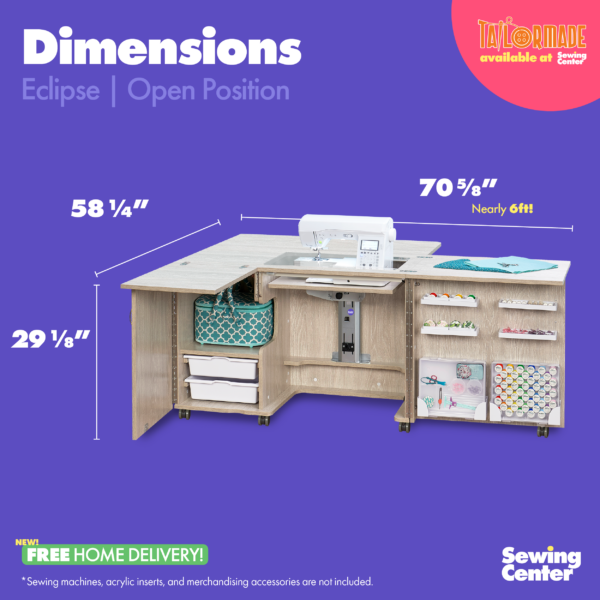 Eclipse Sewing Cabinet's open position dimensions from Tailormade Sewing Furniture - available at Sewing Center. Sew your BEST life with Eclipse - and enjoy flat bed sewing, a sprawling quilting worksurface, and dedicated space for a serger. Now with hassle-free home delivery.