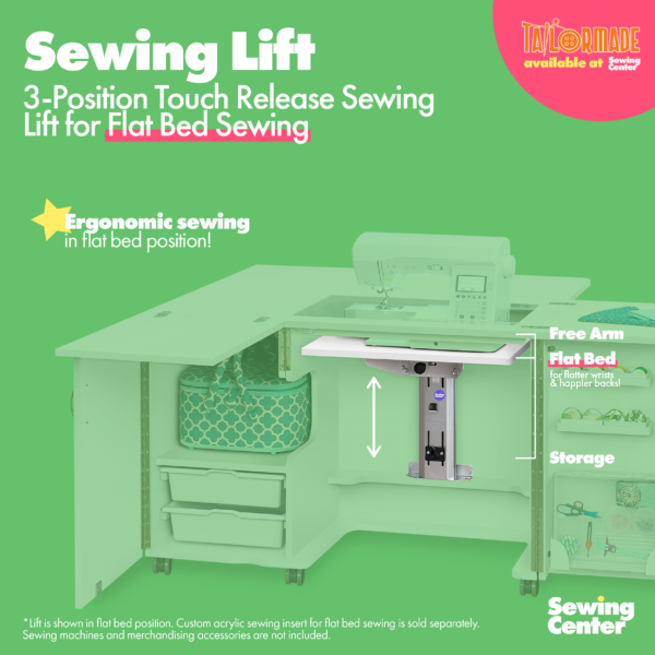 Eclipse Sewing Cabinet's sewing lift diagram from Tailormade Sewing Furniture - available at Sewing Center. Sew your BEST life with Eclipse - and enjoy flat bed sewing, a sprawling quilting worksurface, and dedicated space for a serger. Now with hassle-free home delivery.