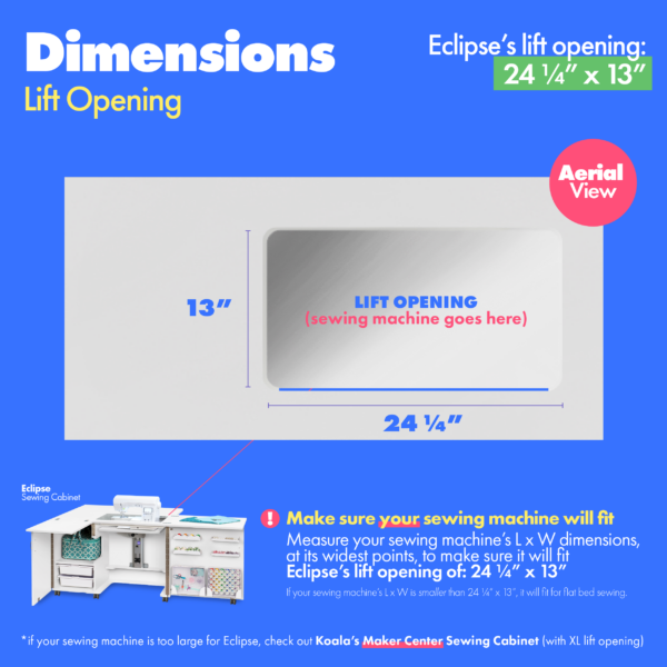 Eclipse Sewing Cabinet's lift opening dimensions from Tailormade Sewing Furniture - available at Sewing Center. Sew your BEST life with Eclipse - and enjoy flat bed sewing, a sprawling quilting worksurface, and dedicated space for a serger. Now with hassle-free home delivery.