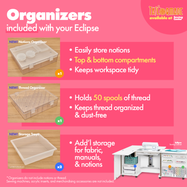 Eclipse Sewing Cabinet's included organizers from Tailormade Sewing Furniture - available at Sewing Center. Sew your BEST life with Eclipse - and enjoy flat bed sewing, a glide-out thread closet, and in-door notion storage. Now with hassle-free home delivery.