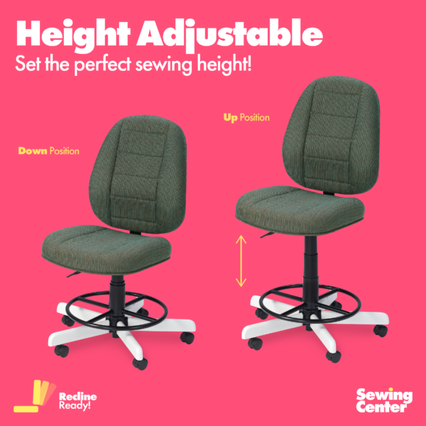 Koala's top-rated height-adjustable Jade SewComfort Sewing Chairs available at Sewing Center allow you to set a comfortable sewing height while sewing at a sewing cabinet or workstation.