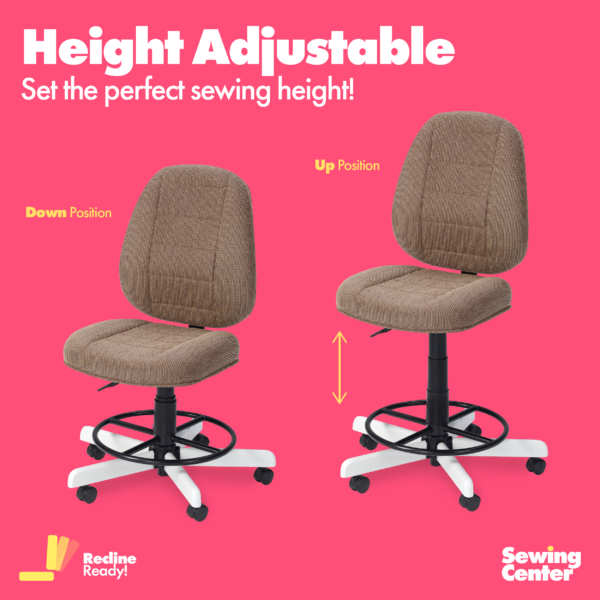 Koala's top-rated height-adjustable Mocha SewComfort Sewing Chairs available at Sewing Center allow you to set a comfortable sewing height while sewing at a sewing cabinet or workstation.