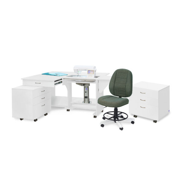 Quilter's Vision Sewing Cabinet and Extra Rolling Storage Caddy Studio Set in White from Tailormade Sewing Furniture with Jade SewComfort Sewing Chair from Koala - available at Sewing Center. Now with hassle-free home delivery! Also known as the QV Sewing Cabinet!