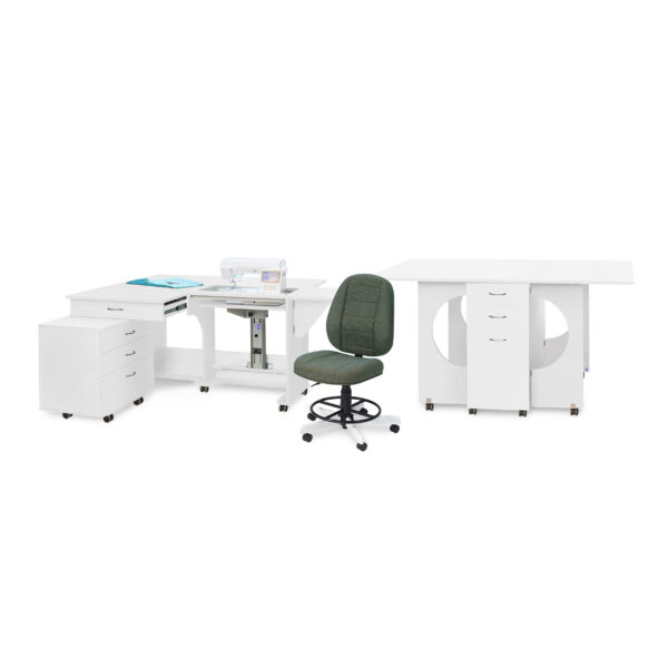 Quilter's Vision Sewing Cabinet and Cutting Table Studio Set in White from Tailormade Sewing Furniture with Jade SewComfort Sewing Chair from Koala - available at Sewing Center. Now with hassle-free home delivery. Quilter's Vision Sewing Cabinet is also known as the QV Sewing Cabinet.