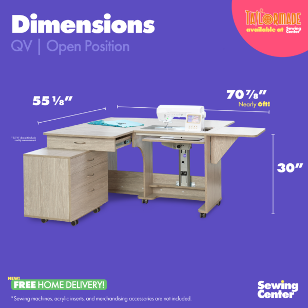 Quilter's Vision Sewing Cabinet's open position dimensions from Tailormade Sewing Furniture - available at Sewing Center. Sew your BEST life with QV - and enjoy flat bed sewing, a sprawling quilting worksurface, and dedicated sewing storage. Now with hassle-free home delivery. Also known as the QV Sewing Cabinet.