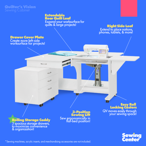 Quilter's Vision Sewing Cabinet's feature list from Tailormade Sewing Furniture - available at Sewing Center. Sew your BEST life with QV - and enjoy flat bed sewing, a sprawling quilting worksurface, and dedicated sewing storage. Now with hassle-free home delivery. Also known as the QV Sewing Cabinet.