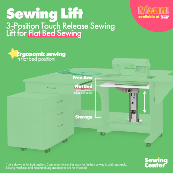 Quilter's Vision Sewing Cabinet's sewing lift diagram from Tailormade Sewing Furniture - available at Sewing Center. Quilter's Vision Sewing Cabinet features a hydraulic sewing lift for free arm, flat bed, and storage position. Now with hassle-free home delivery. Also known as the QV Sewing Cabinet.