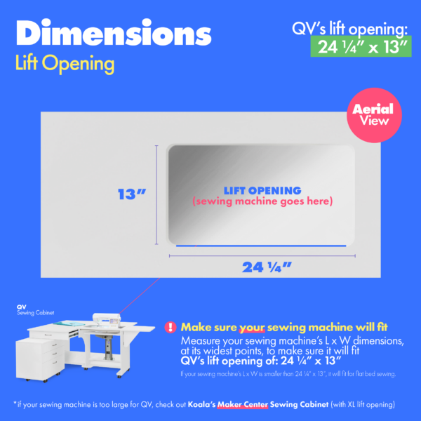 Quilter's Vision Sewing Cabinet's lift opening dimensions from Tailormade Sewing Furniture - available at Sewing Center. Sew your BEST life with QV - and enjoy flat bed sewing, a sprawling quilting worksurface, and dedicated sewing storage. Now with hassle-free home delivery. Also known as the QV Sewing Cabinet.