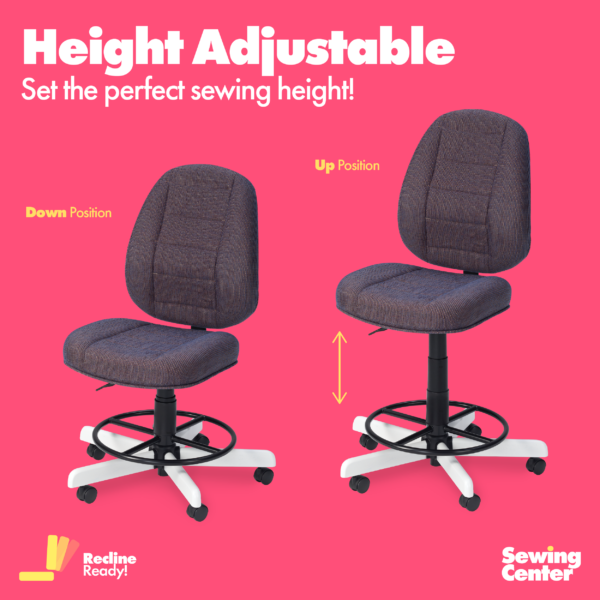 Koala's top-rated height-adjustable Sapphire SewComfort Sewing Chairs available at Sewing Center allow you to set a comfortable sewing height while sewing at a sewing cabinet or workstation.